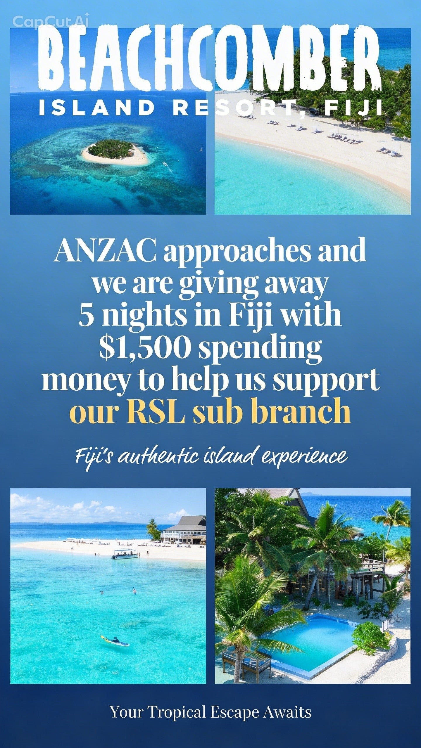 🇦🇺 ANZAC SUPPORT GIVEAWAY 100% RAISED GOES TO THE RSL SUB BRANCH – WIN A FIJI ESCAPE 🇫🇯